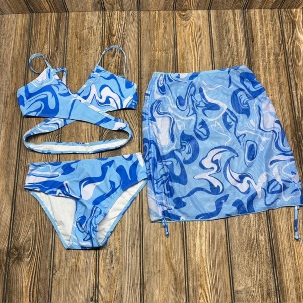 Girls 3pc Blue Marble Swirl Bikini Set with Mesh Sarong Skirt Size 9-10Y